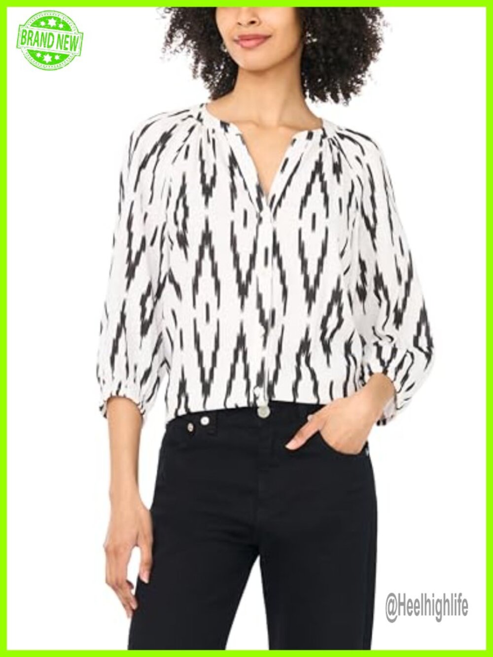 Vince Camuto 3/4 Sleeve Raglan Button Down Blouse V-Neck Work Top